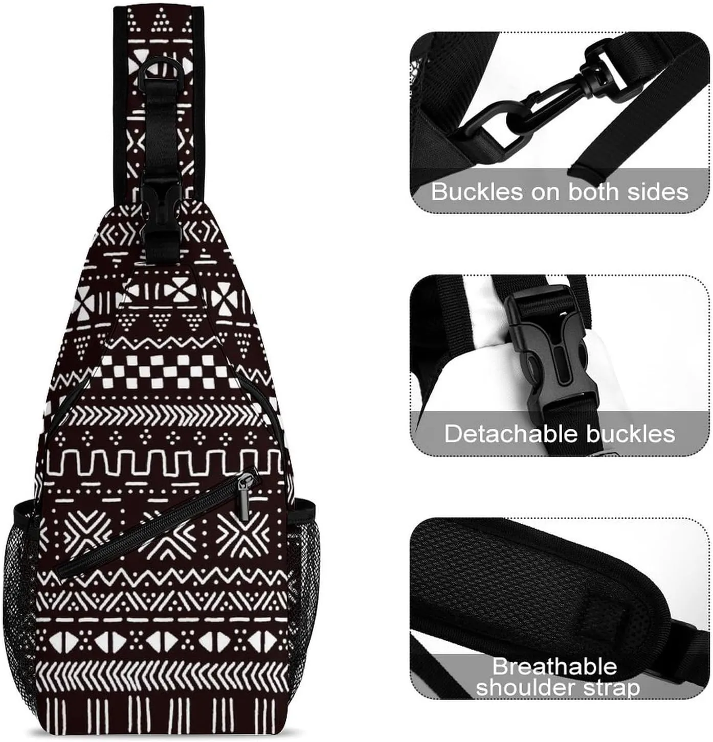 Sling Bag Crossbody Sling Backpack for Women Men Travel Hiking Daypack Chest Shoulder Bag (for Traditional Ethnic African Mudcloth Pattern)