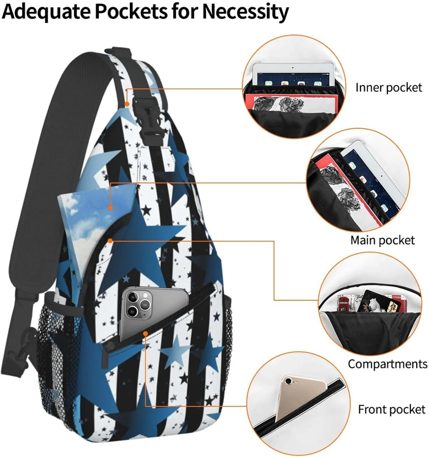 Sling Bag for Men Women Crossbody Backpack Blue black white stripes and stars Crossbody Bag Chest Bag for Travel Sport