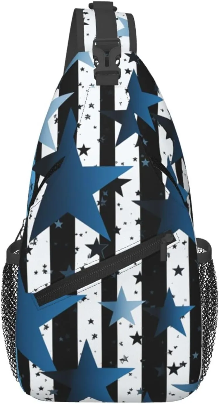 Sling Bag for Men Women Crossbody Backpack Blue black white stripes and stars Crossbody Bag Chest Bag for Travel Sport