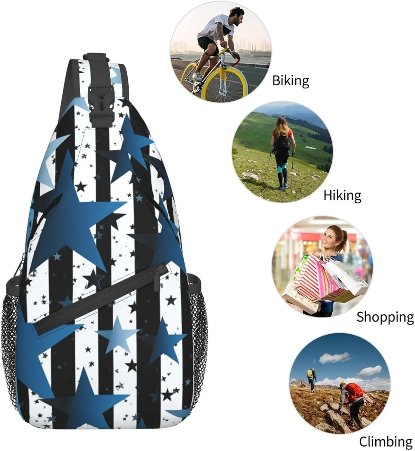 Sling Bag for Men Women Crossbody Backpack Blue black white stripes and stars Crossbody Bag Chest Bag for Travel Sport