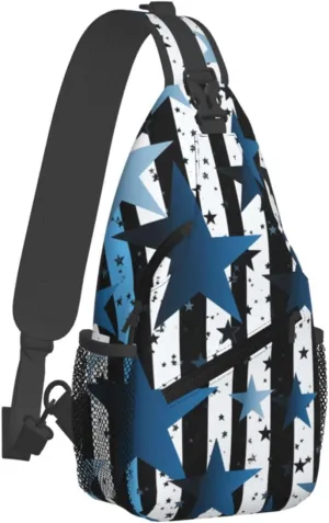 Sling Bag for Men Women Crossbody Backpack Blue black white stripes and stars Crossbody Bag Chest Bag for Travel Sport