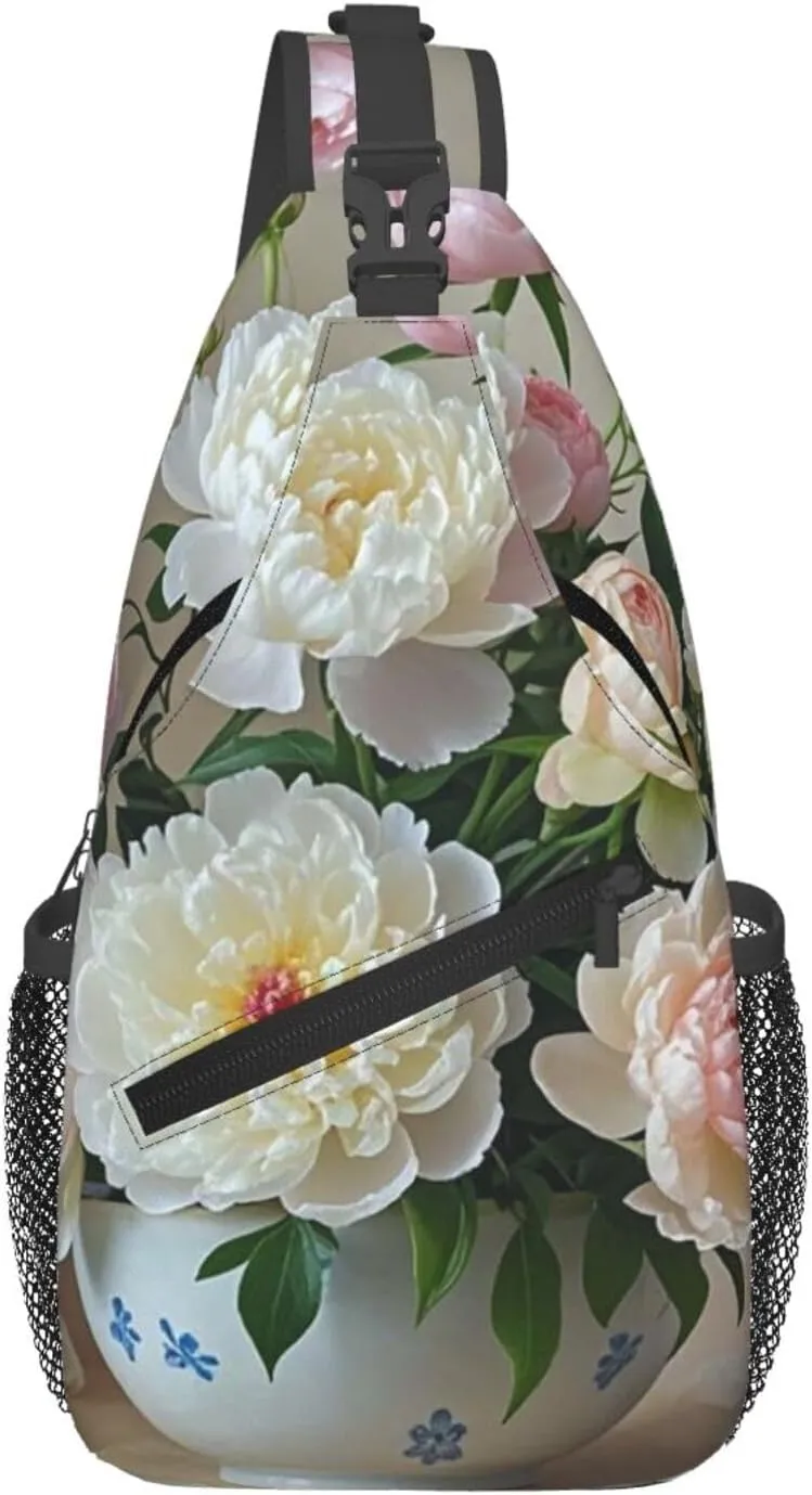 Sling Bag for Men Women Crossbody Backpack Bowl with Peonies and Rose Crossbody Bag Chest Bag for Travel Sport