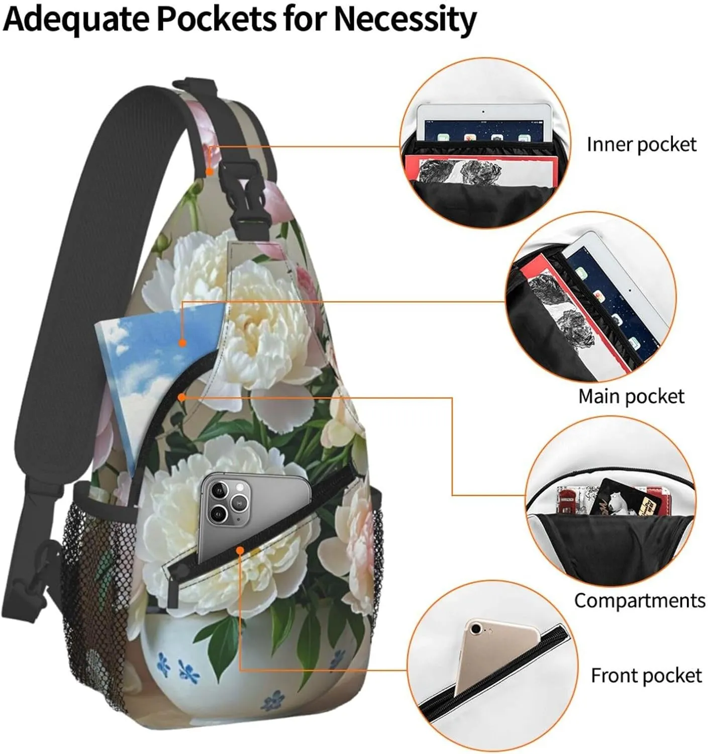 Sling Bag for Men Women Crossbody Backpack Bowl with Peonies and Rose Crossbody Bag Chest Bag for Travel Sport