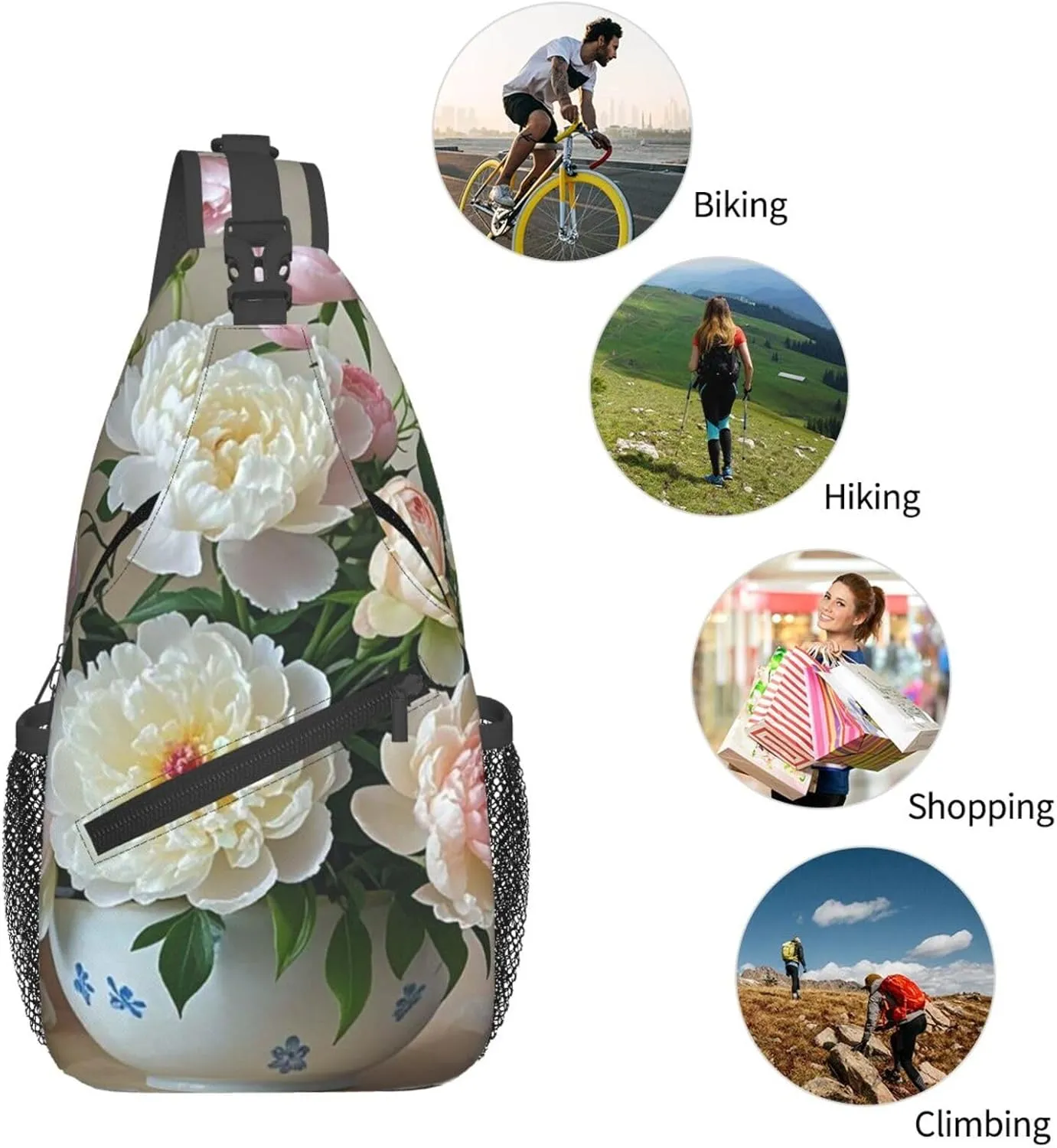 Sling Bag for Men Women Crossbody Backpack Bowl with Peonies and Rose Crossbody Bag Chest Bag for Travel Sport