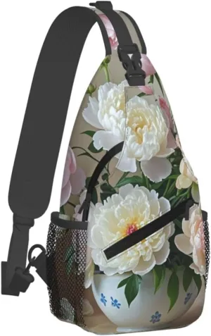 Sling Bag for Men Women Crossbody Backpack Bowl with Peonies and Rose Crossbody Bag Chest Bag for Travel Sport