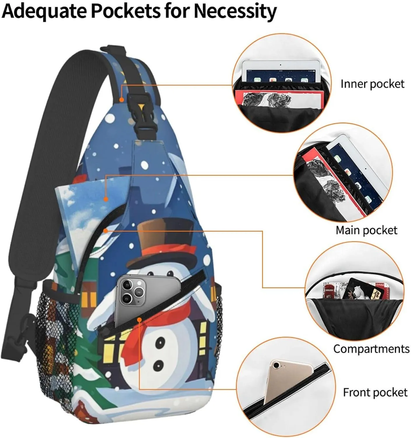 Sling Bag for Men Women Crossbody Backpack Christmas Snowmen and Houses Crossbody Bag Chest Bag for Travel Sport