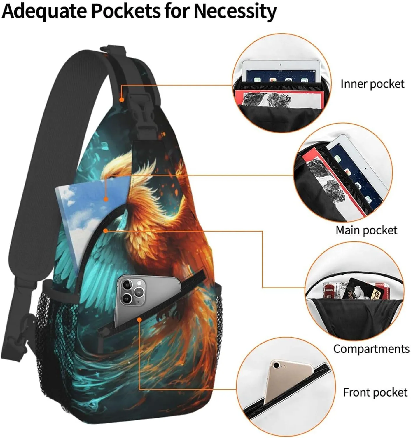 Sling Bag for Men Women Crossbody Backpack Fire and water phoenix Crossbody Bag Chest Bag for Travel Sport