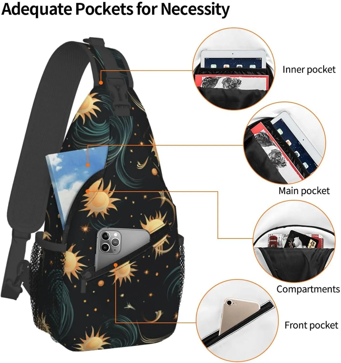 Sling Bag for Men Women Crossbody Backpack Repeating sun pattern Crossbody Bag Chest Bag for Travel Sport