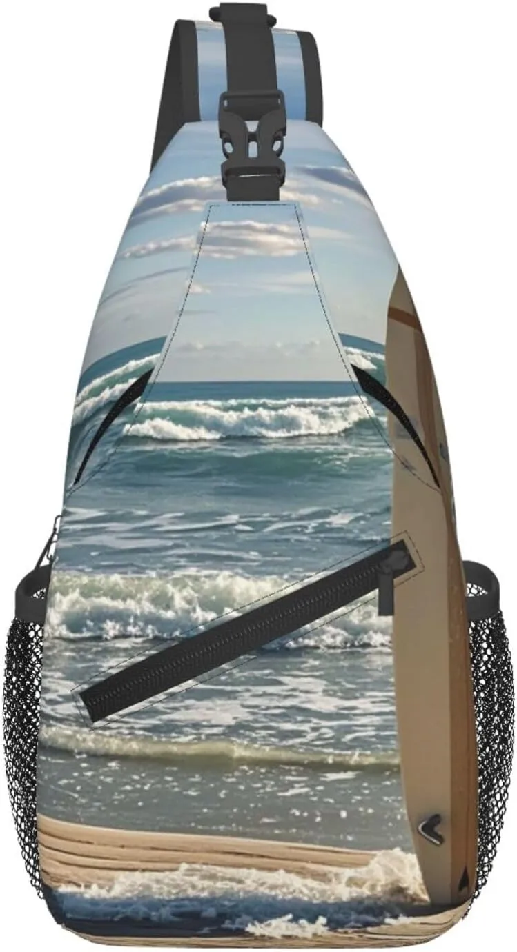 Sling Bag for Men Women Crossbody Backpack Surfboard on Wooden Crossbody Bag Chest Bag for Travel Sport
