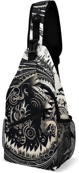 Sling Bag for Men Women White And Black Tribal Illustration Chest Bag Casual Crossbody Bag Sling Backpack for Travel Daypack