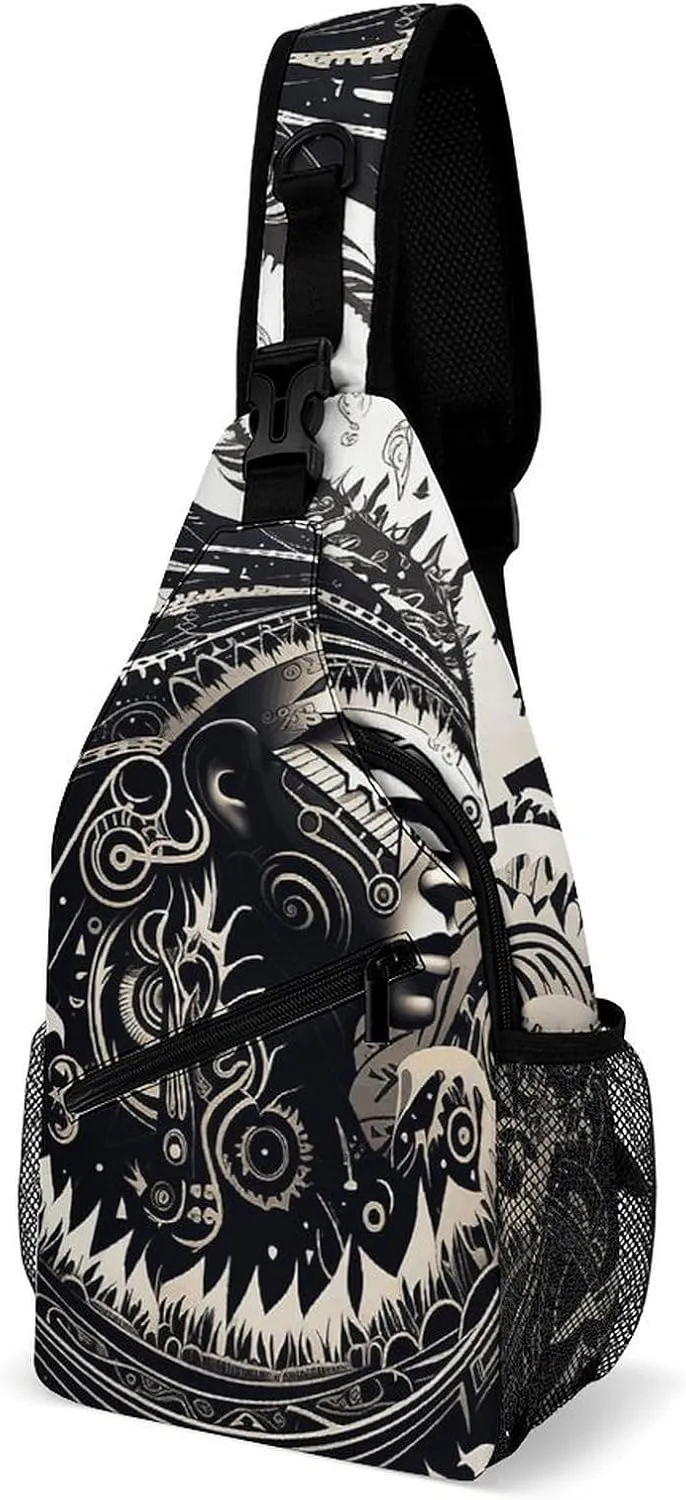 Sling Bag for Men Women White And Black Tribal Illustration Chest Bag Casual Crossbody Bag Sling Backpack for Travel Daypack
