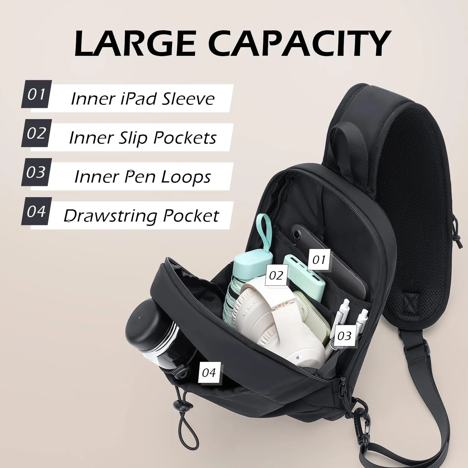 Sling Bag for Women, Crossbody Sling Chest Daypack Shoulder Cross body Bag for Casual Commuting Work Travel Sport Hiking,3.4L,Black