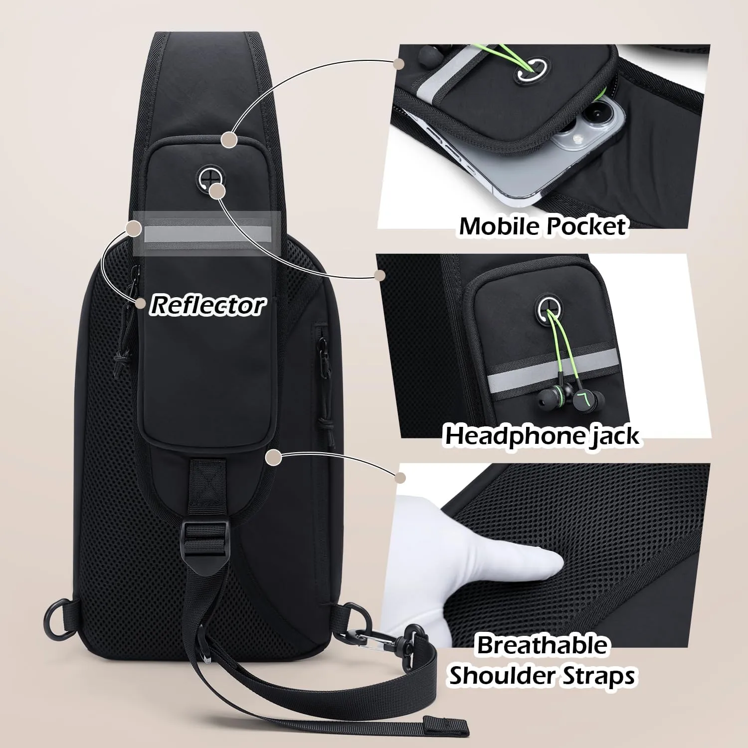 Sling Bag for Women, Crossbody Sling Chest Daypack Shoulder Cross body Bag for Casual Commuting Work Travel Sport Hiking,3.4L,Black