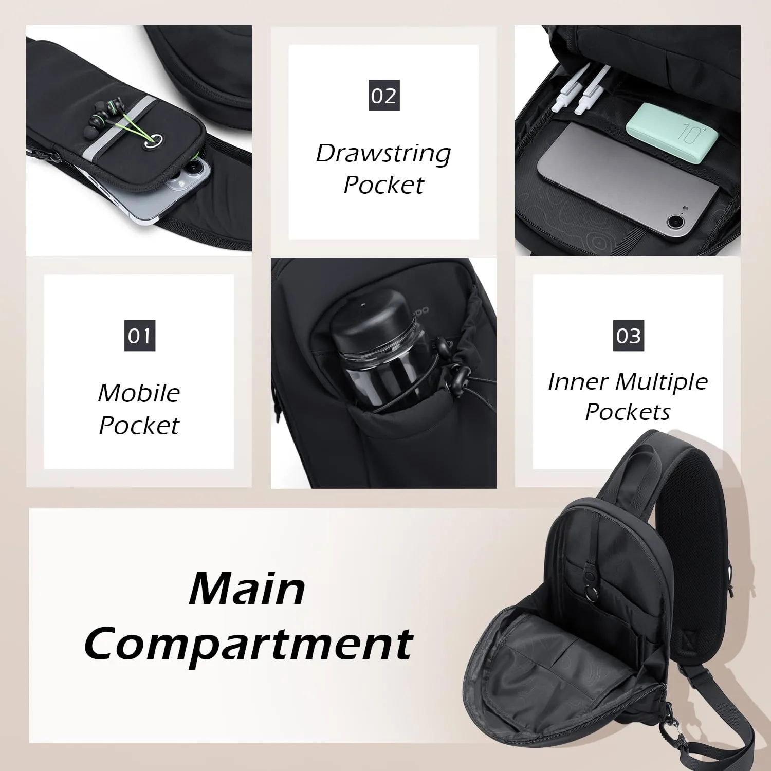 Sling Bag for Women, Crossbody Sling Chest Daypack Shoulder Cross body Bag for Casual Commuting Work Travel Sport Hiking,3.4L,Black