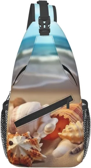 Sling Bag for Women Men Chest Bag Seashells on the sandy beach Crossbody Bag Sling Backpack Fanny Packs Hiking Daypack for Travel