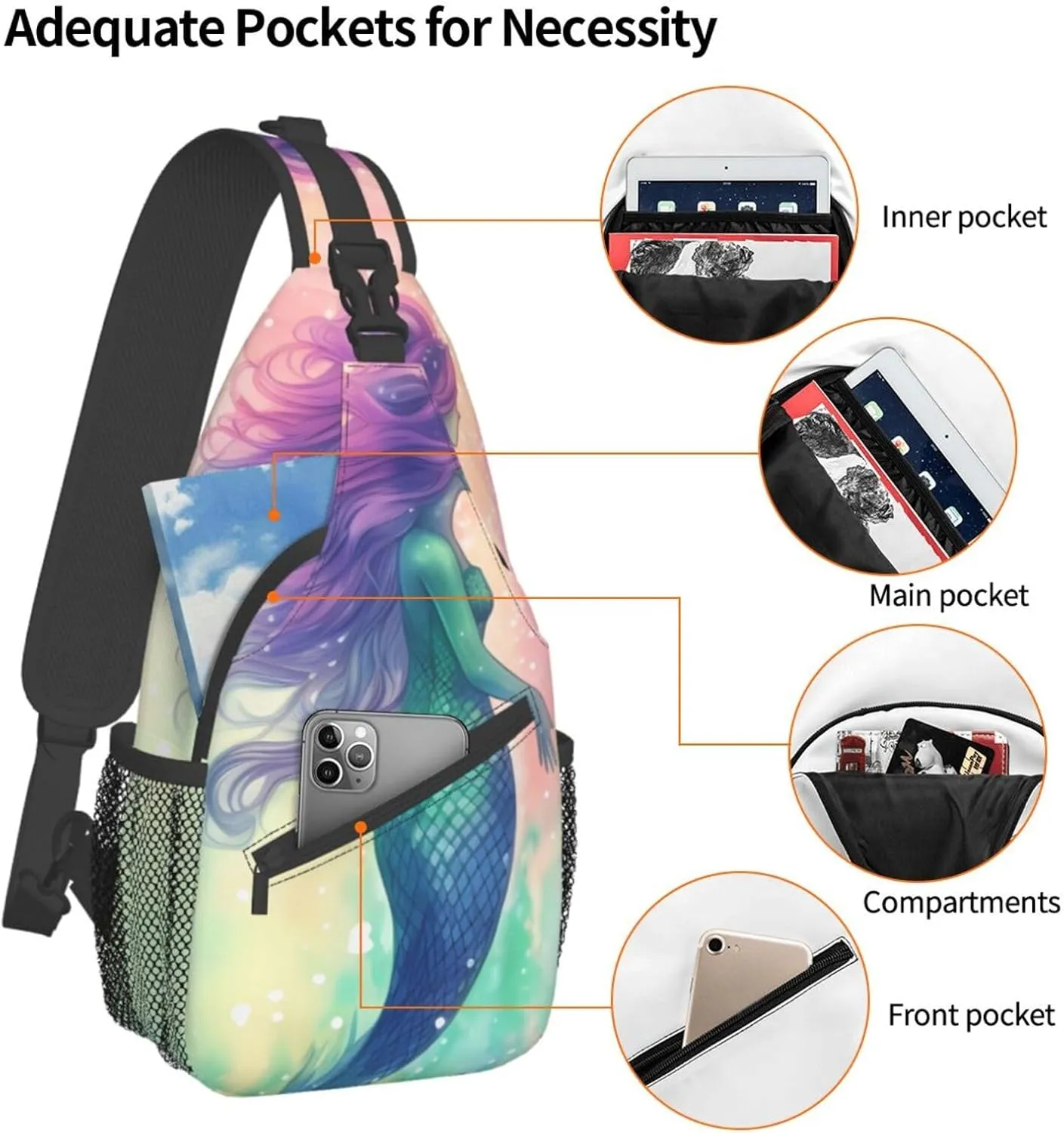 Sling Bag for Women Men Crossbody Bag Small Sling Backpack Beautiful Mermaid tail Chest Bag Hiking Daypack