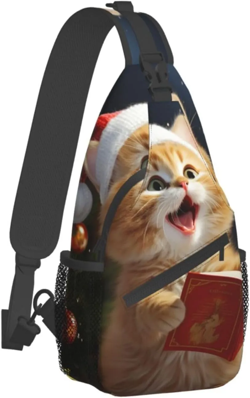Sling Bag for Women Men Crossbody Bag Small Sling Backpack Cute Cat Sing Christmas Carols Chest Bag Hiking Daypack