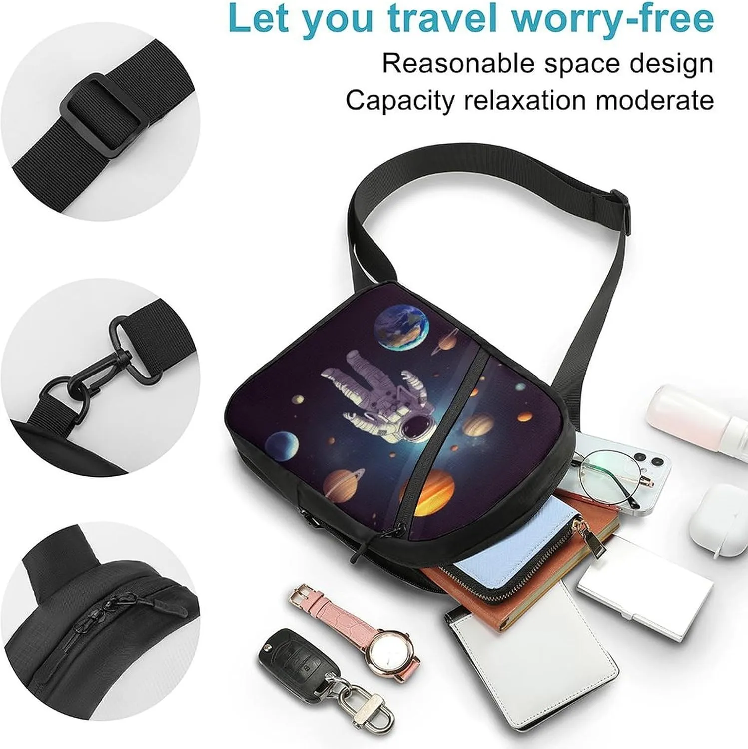 Sling Bag for Women Men Daypack Astronaut Solar System Planets Chest Bag Crossbody Backpack for Hiking Travel