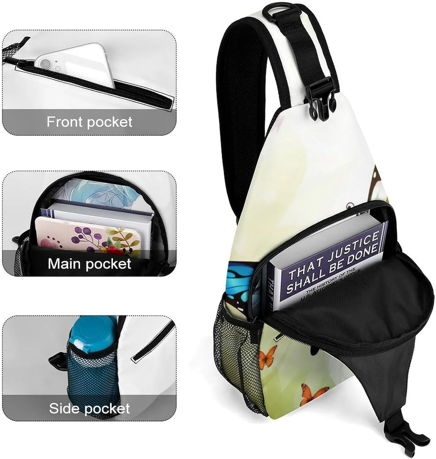 Sling Bag for Women Men Daypack Beautiful Butterfly Chest Bag Crossbody Backpack for Hiking Travel, 38x20cm