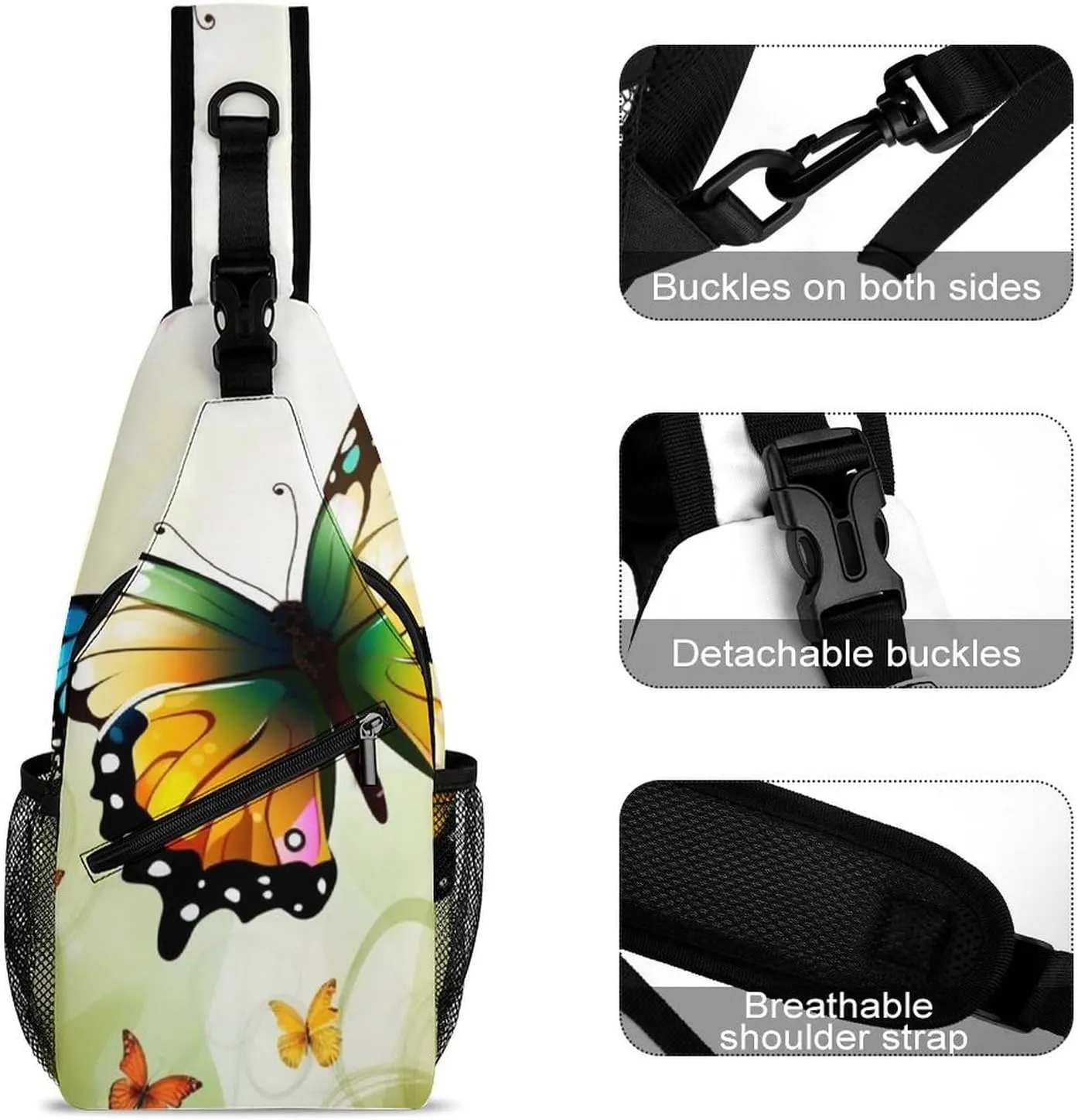 Sling Bag for Women Men Daypack Beautiful Butterfly Chest Bag Crossbody Backpack for Hiking Travel, 38x20cm