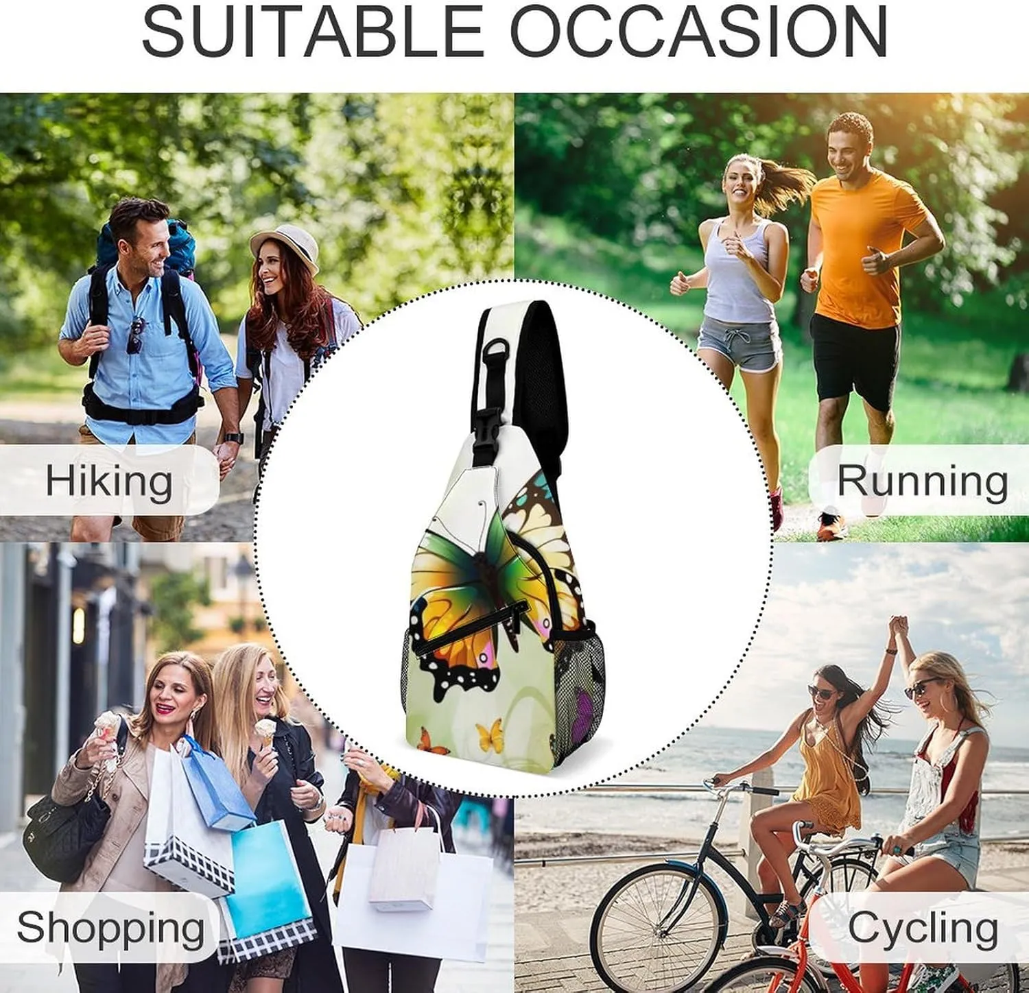 Sling Bag for Women Men Daypack Beautiful Butterfly Chest Bag Crossbody Backpack for Hiking Travel, 38x20cm