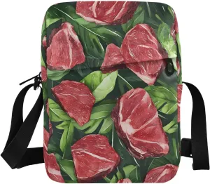 Sling Bag for Women Men, Zipper Closure Crossbody Bags Meat and Vegetable Print with Card Phone Passport Compartment 6.6×9.4×2.5 inches