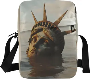 Sling Bag for Women Men, Zipper Closure Crossbody Bags Wreckage Statue Of Liberty Print with Card Phone Passport Compartment 6.6×9.4×2.5 inches