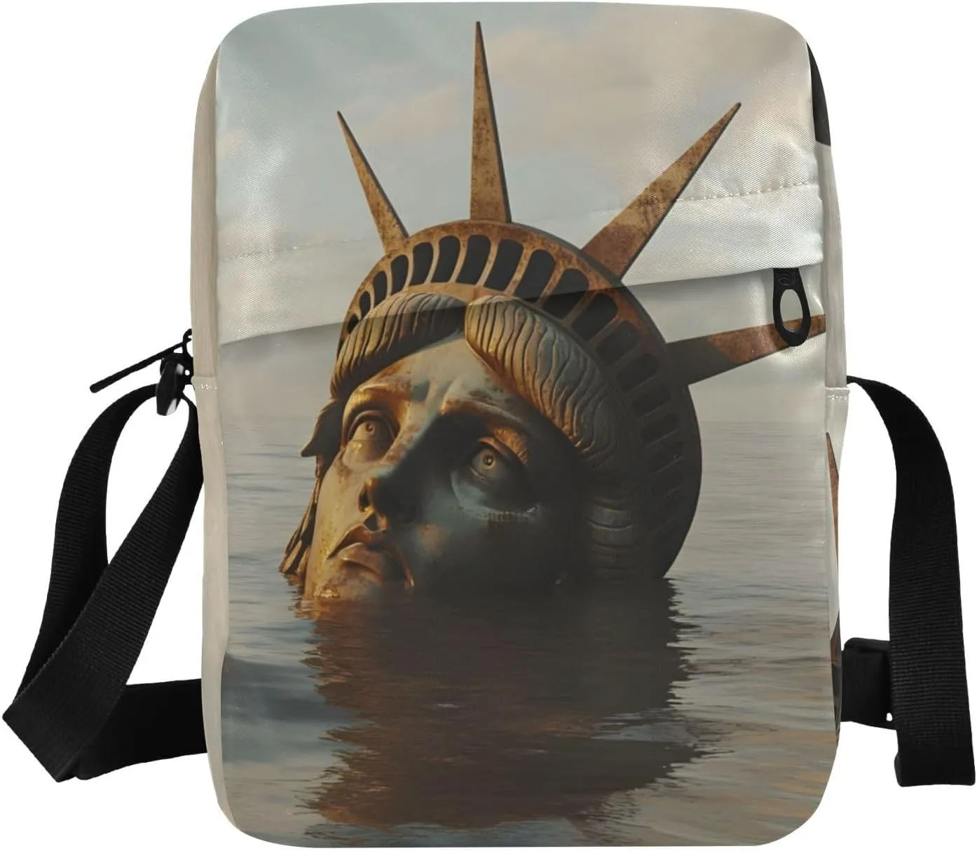 Sling Bag for Women Men, Zipper Closure Crossbody Bags Wreckage Statue Of Liberty Print with Card Phone Passport Compartment 6.6×9.4×2.5 inches