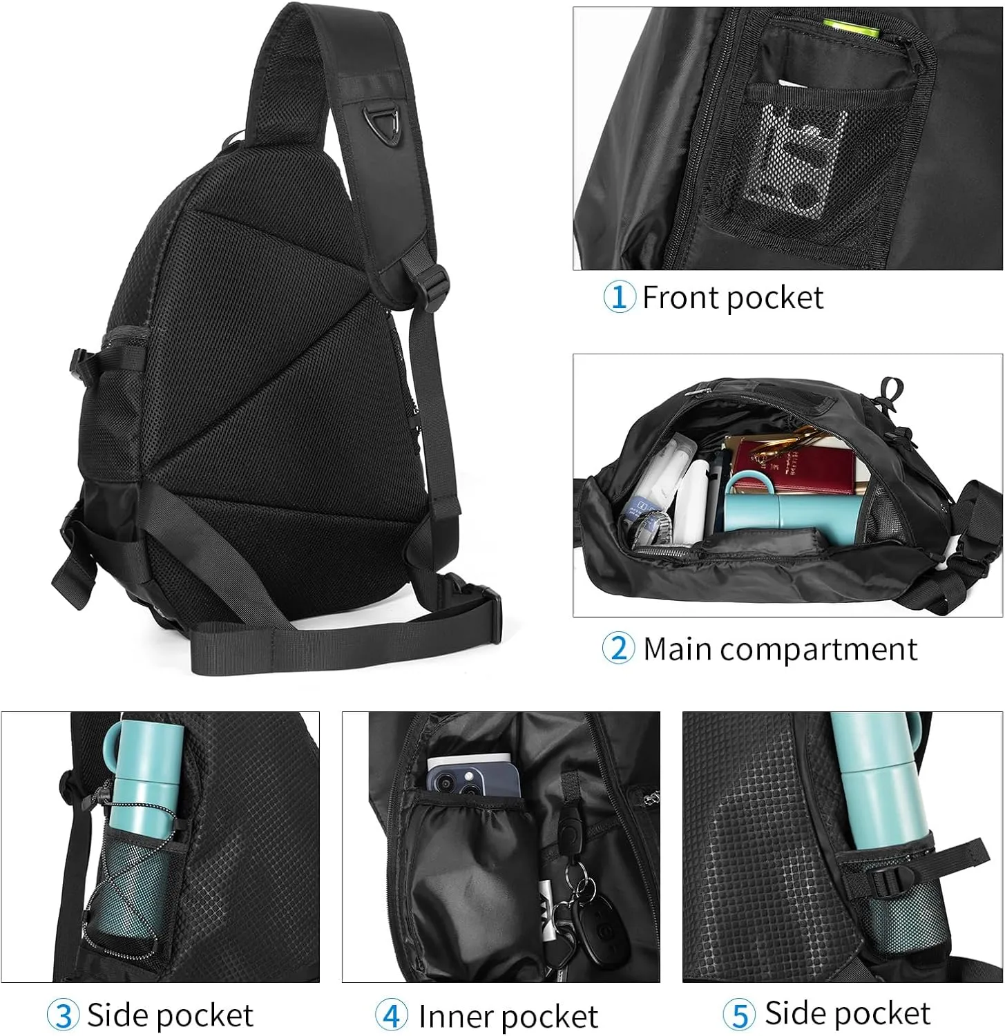 Sling Crossbody Backpack Shoulder Bag for Men Women One Strap Sling Bag Backpack for Hiking Walking Biking Travel Cycling (black, 18L)