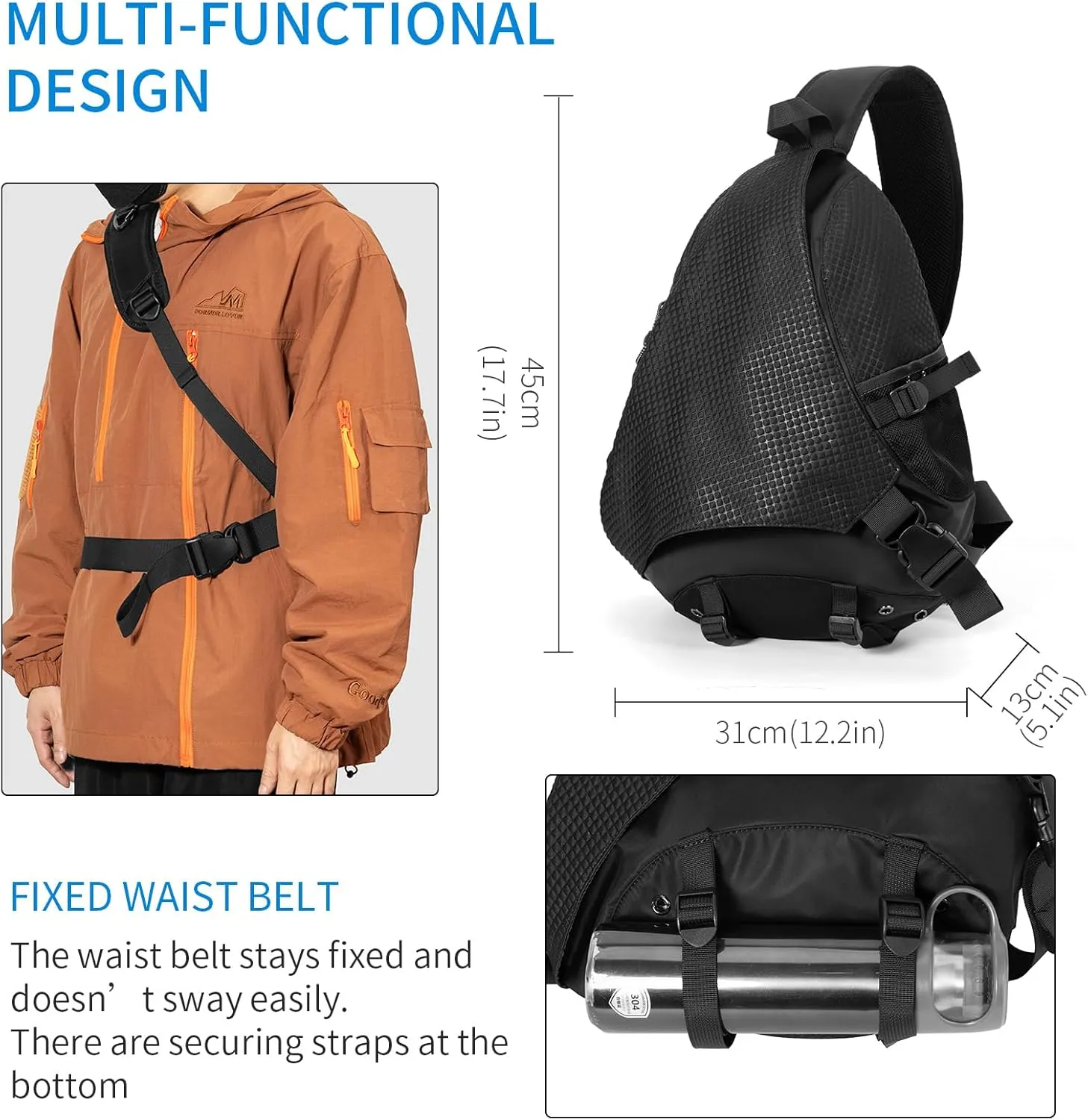 Sling Crossbody Backpack Shoulder Bag for Men Women One Strap Sling Bag Backpack for Hiking Walking Biking Travel Cycling (black, 18L)