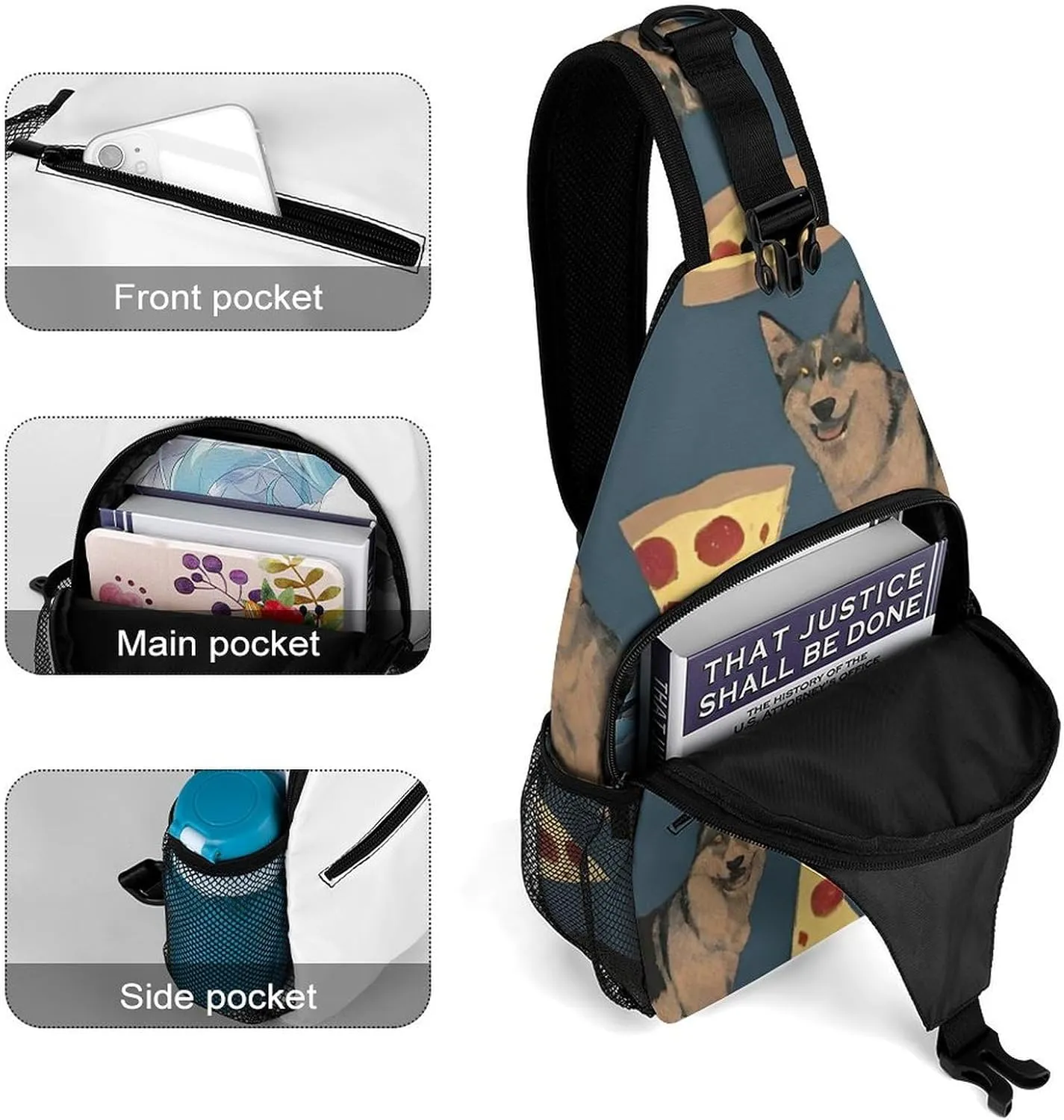 Sling Shoulder Backpack for Women Men Anti-Theft Multipurpose Satchel Bookbags Travel Rucksack Daypack Camera Case, German Shepherd Dog Pizza Art Crossbody Daypacks