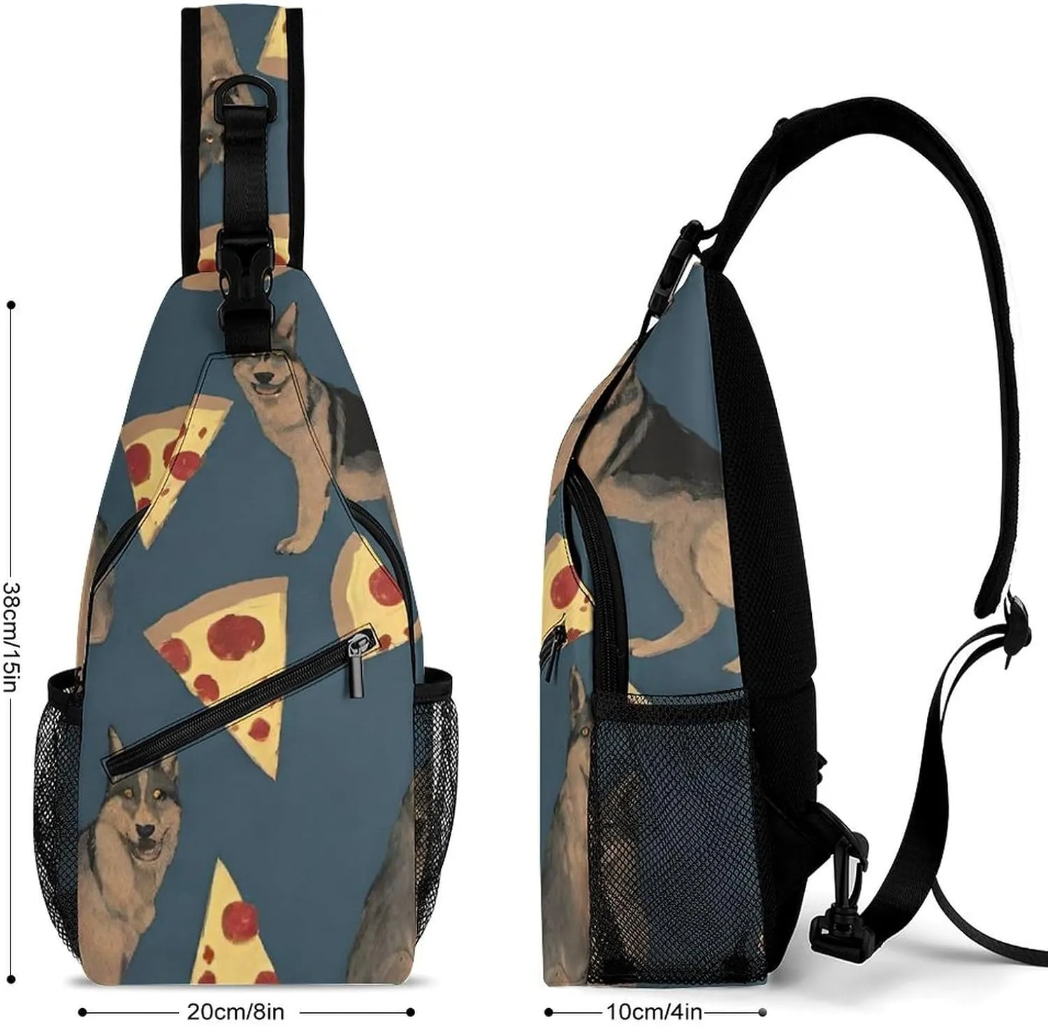 Sling Shoulder Backpack for Women Men Anti-Theft Multipurpose Satchel Bookbags Travel Rucksack Daypack Camera Case, German Shepherd Dog Pizza Art Crossbody Daypacks