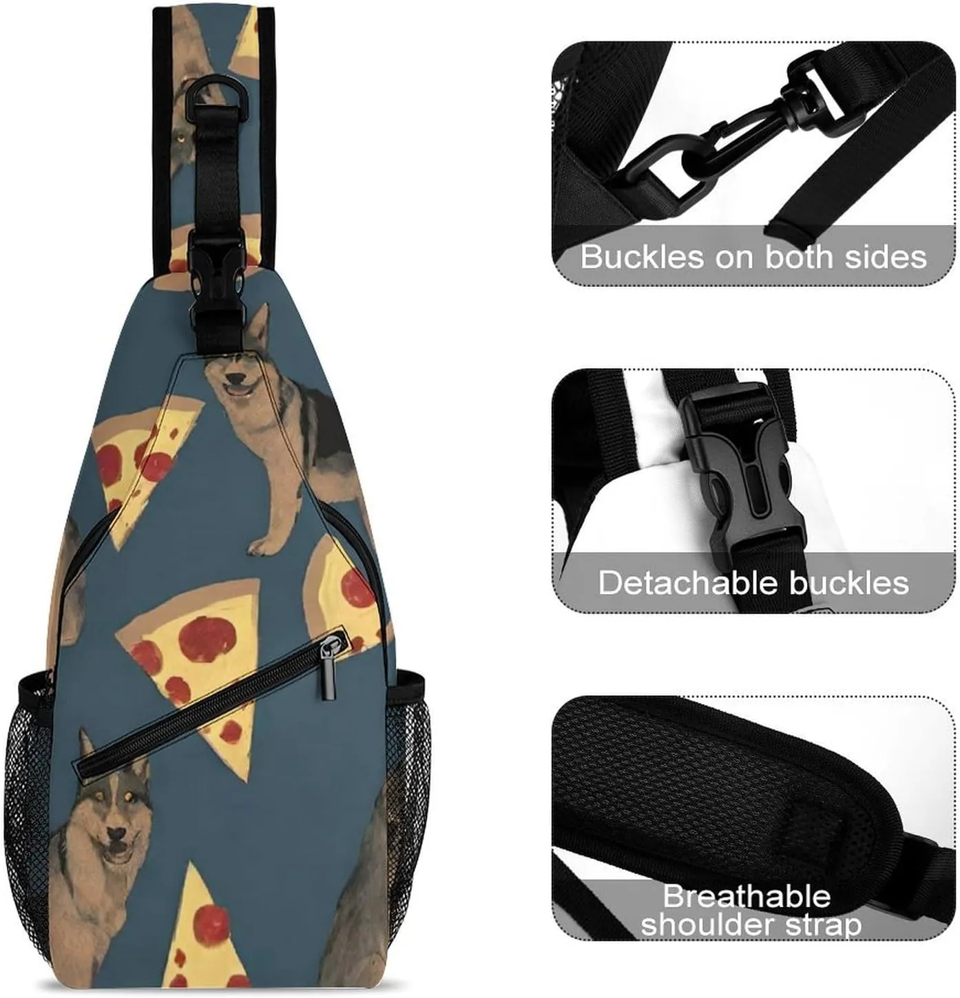Sling Shoulder Backpack for Women Men Anti-Theft Multipurpose Satchel Bookbags Travel Rucksack Daypack Camera Case, German Shepherd Dog Pizza Art Crossbody Daypacks