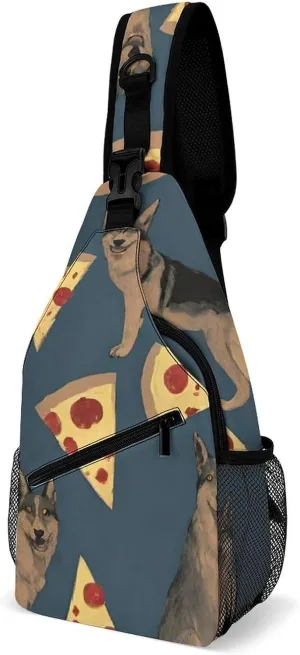 Sling Shoulder Backpack for Women Men Anti-Theft Multipurpose Satchel Bookbags Travel Rucksack Daypack Camera Case, German Shepherd Dog Pizza Art Crossbody Daypacks