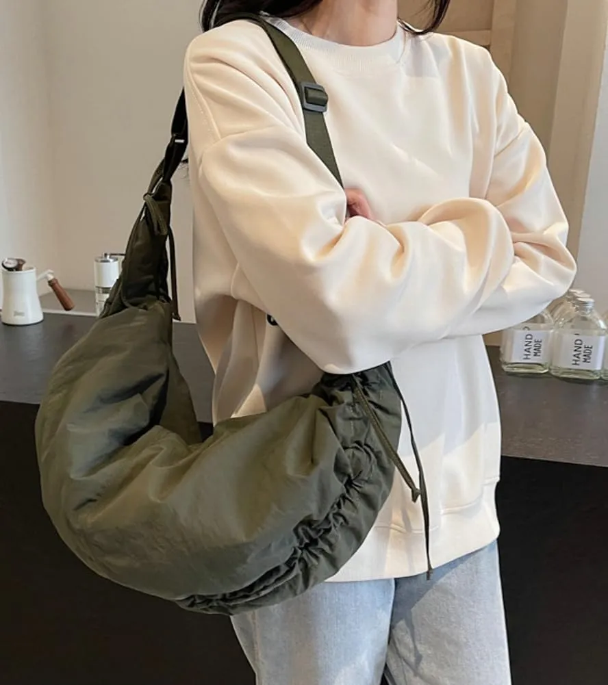 Slouchy Crescent Crossbody Shoulder Bag for Women Large Dumpling Tote Purse Canvas Handbags with Drawstring