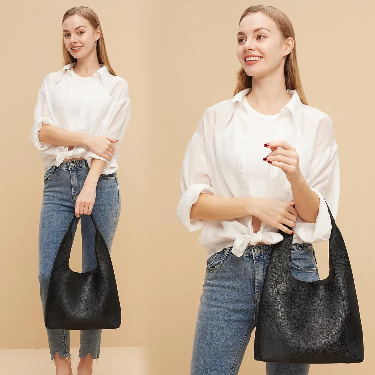 Slouchy Hobo Bags for Women, Shoulder Handbag Purse 2pcs Soft Tote Work Bag PU Leather Top Handle Bag