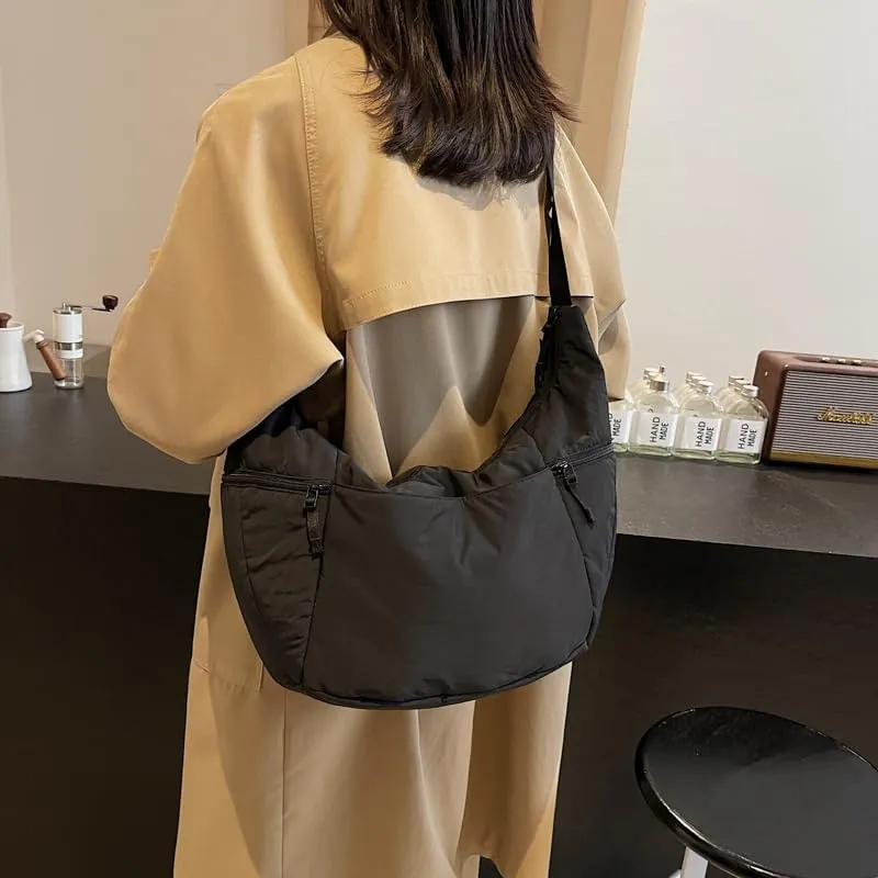 Slouchy Sling Bag for Women Canvas Crescent Bag Hobo Purse with Adjustable Strap Saddle Bag for Travel