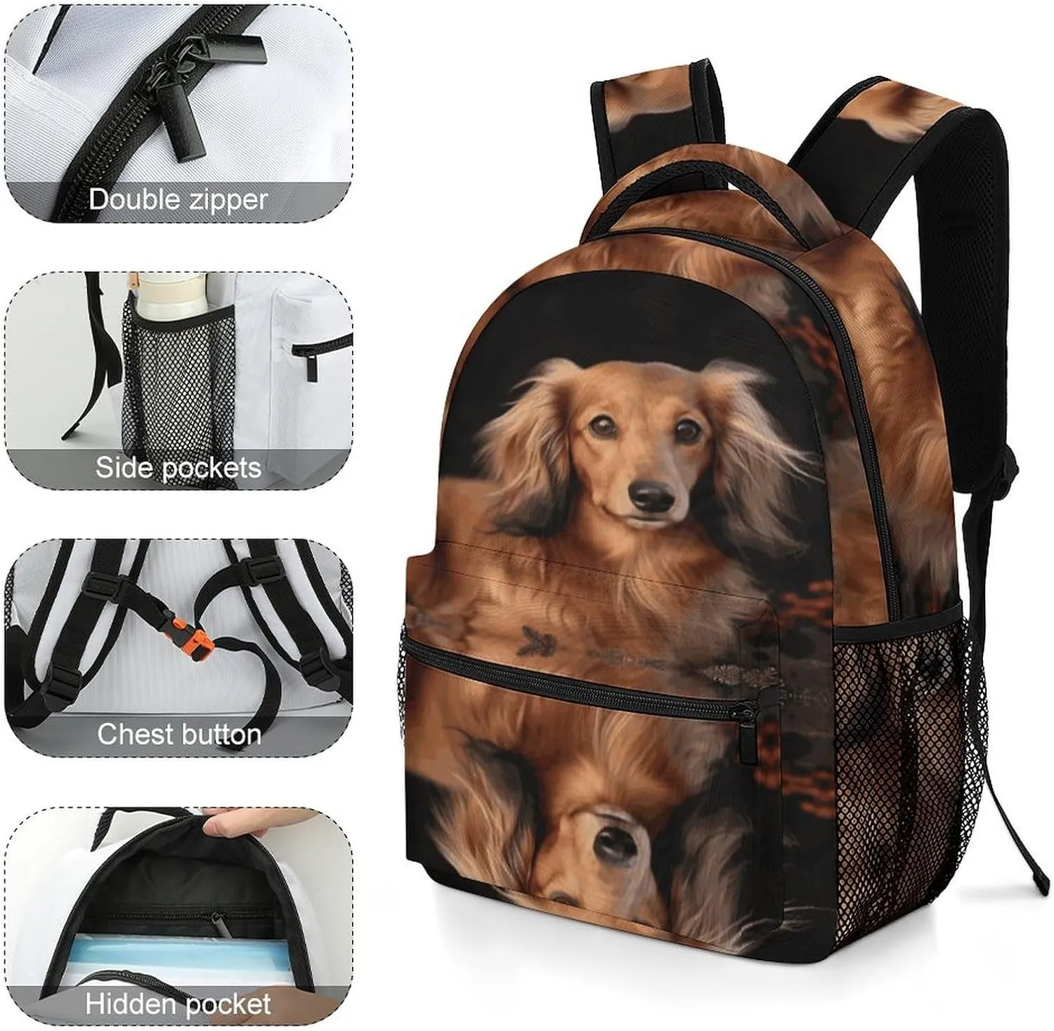 Small Backpacks Personalized Long Haired Dachshund Printing Travel Bag Lightweight Travel Backpack For Women Men