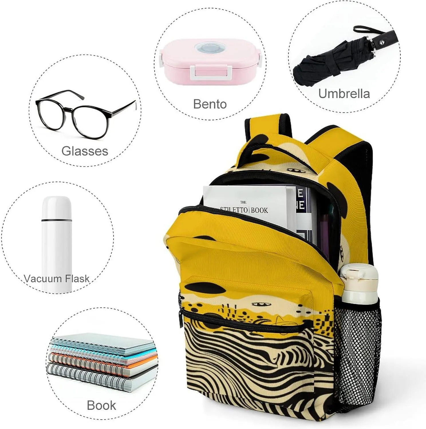 Small Backpacks Personalized Mustard Yellow And Black Printing Travel Bag Lightweight Travel Backpack For Women Men