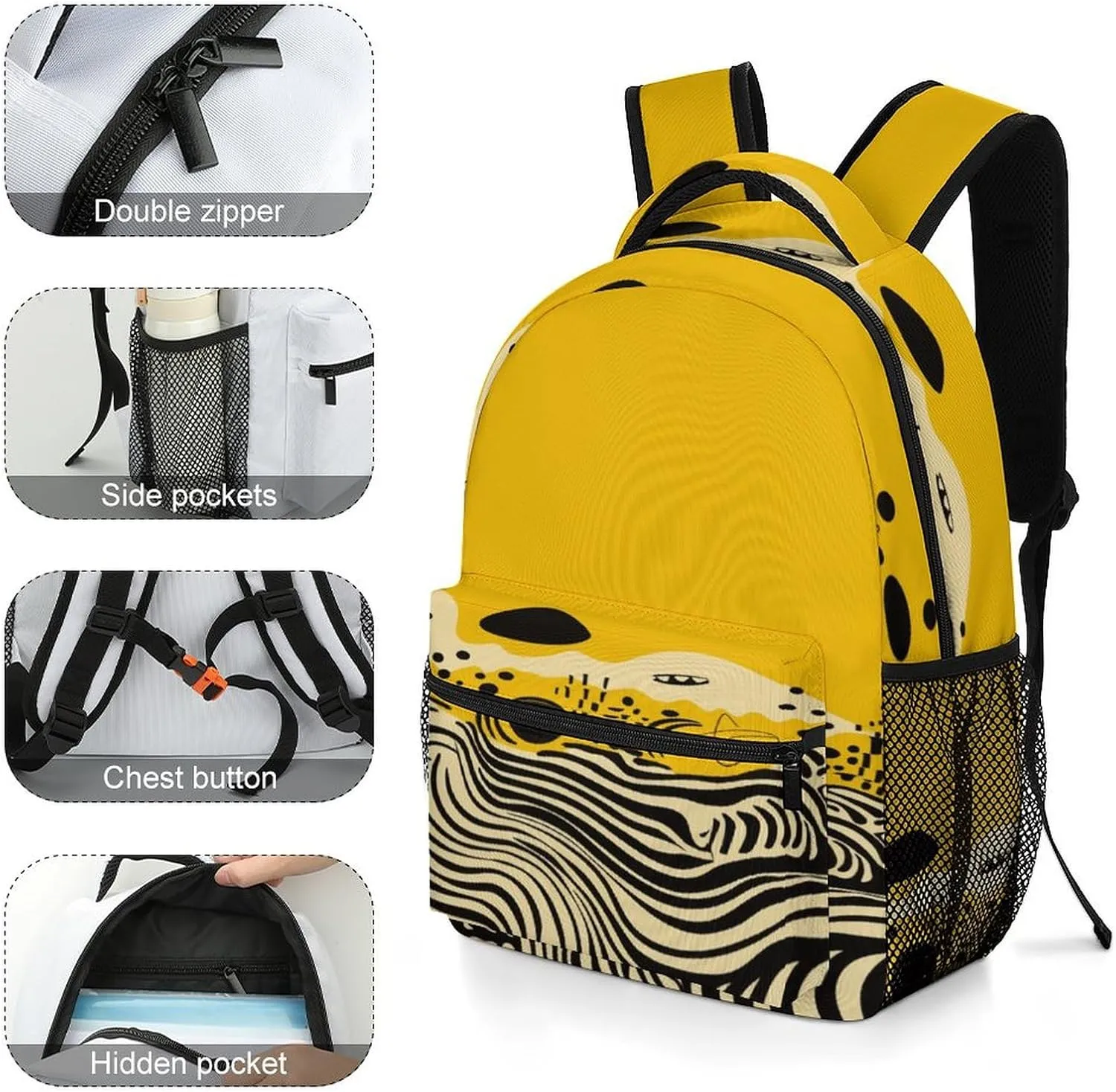 Small Backpacks Personalized Mustard Yellow And Black Printing Travel Bag Lightweight Travel Backpack For Women Men