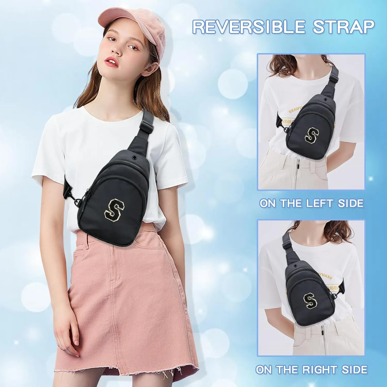 Small Initial Crossbody Sling Bag for Girls and Women, Cute Kids Fanny Pack, Personalized Gift for 7 8 9 10 11 12 13 Year Old Girls(Black,S)