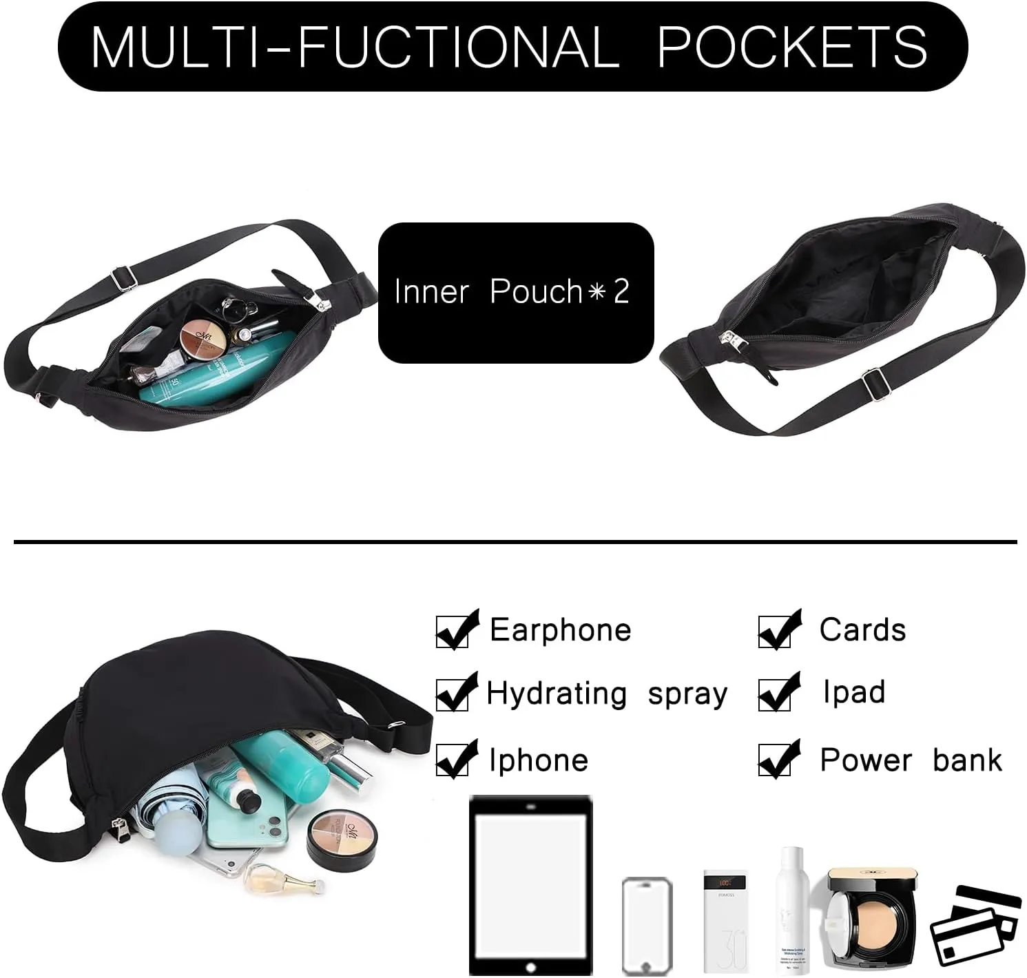 Small Nylon Crescent Crossbody Bag for Women Men Trendy, Waterproof Crescent Sling, Lightweight Travel Purses