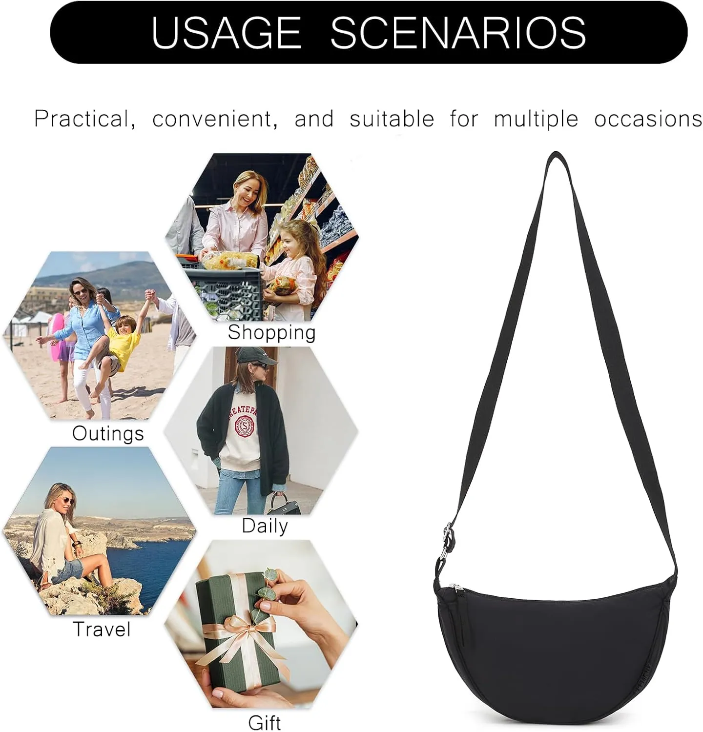 Small Nylon Crescent Crossbody Bag for Women Men Trendy, Waterproof Crescent Sling, Lightweight Travel Purses