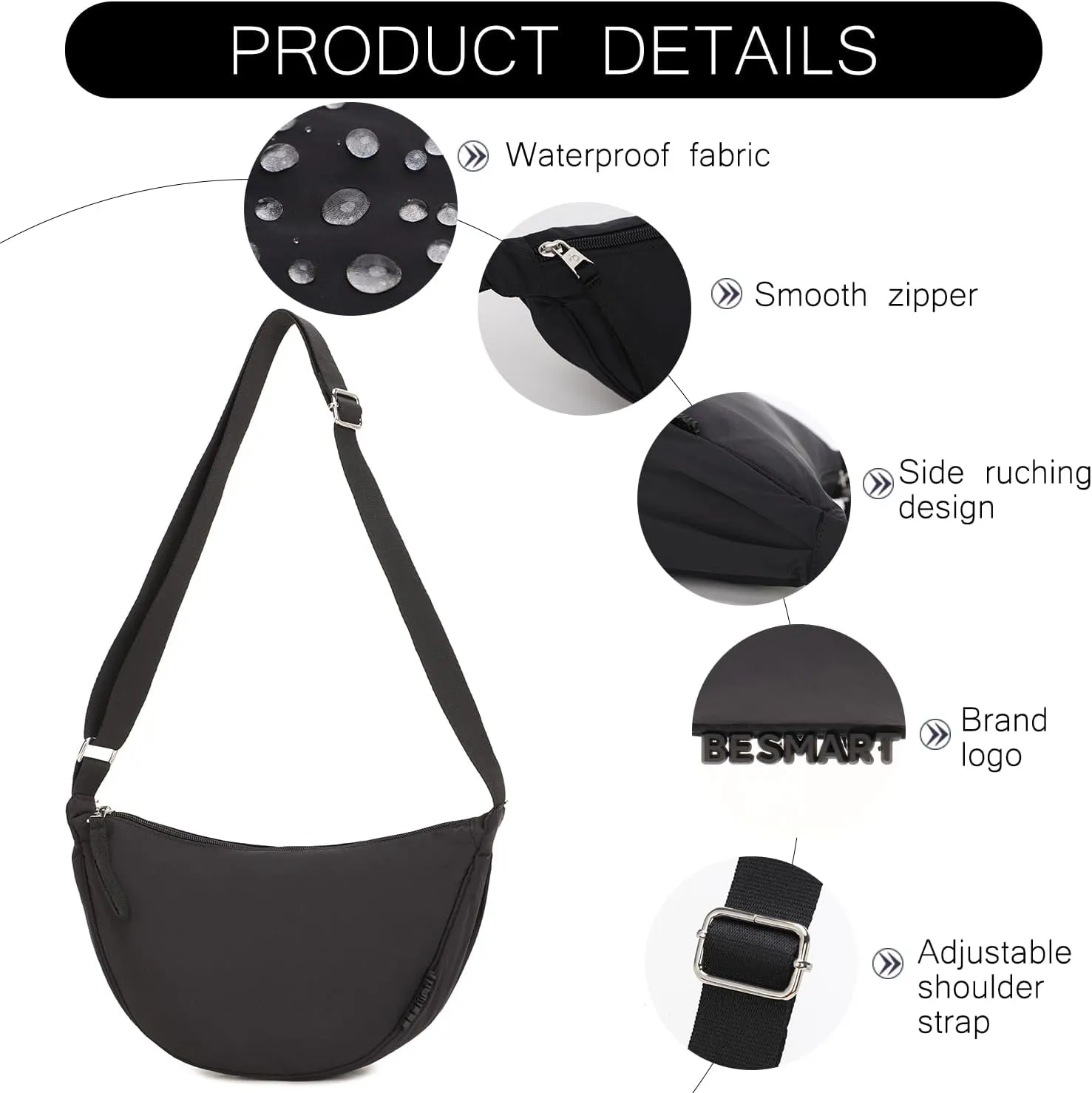 Small Nylon Crescent Crossbody Bag for Women Men Trendy, Waterproof Crescent Sling, Lightweight Travel Purses