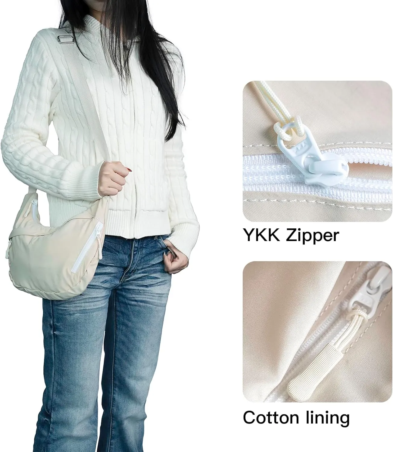 Small Nylon Crossbody Bag,Lightweight Sling Crescent Bag with Adjustable Strap,YKK Zippers,Women Hobo Shoulder Purse