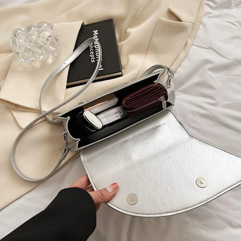 Small Silver Crossbody Satchel Y2K Evening Handbag for Women - Hobo Shoulder Tote Bag 2025