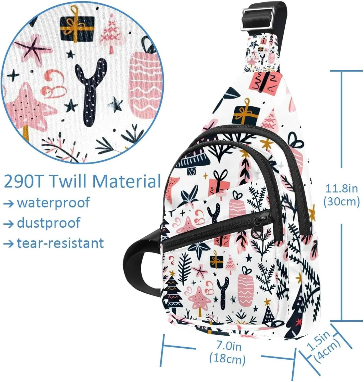 Small Sling Backpack Crossbody Sling Bag, Chest Bag Daypack, Christmas tree gifts garlands stars twigs and leaves 6