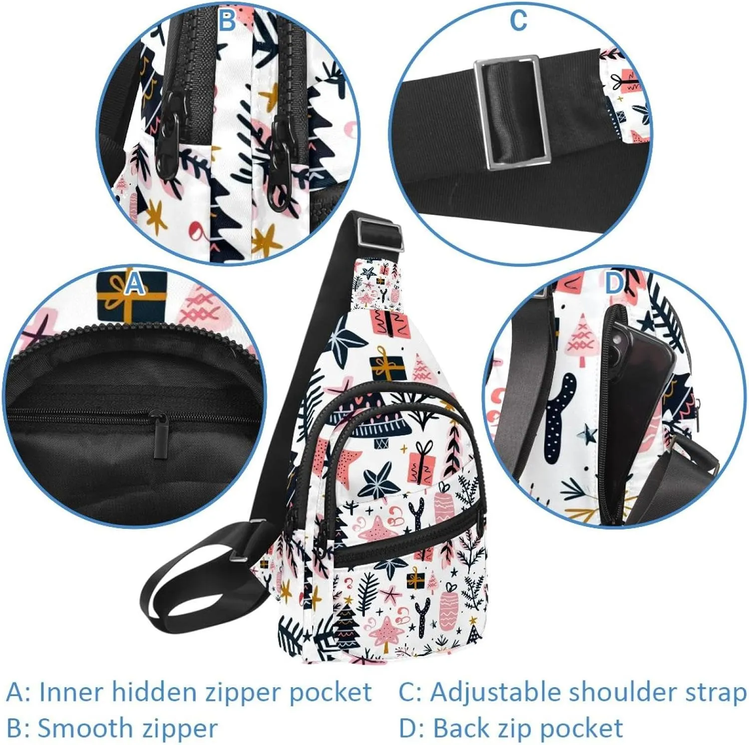 Small Sling Backpack Crossbody Sling Bag, Chest Bag Daypack, Christmas tree gifts garlands stars twigs and leaves 6