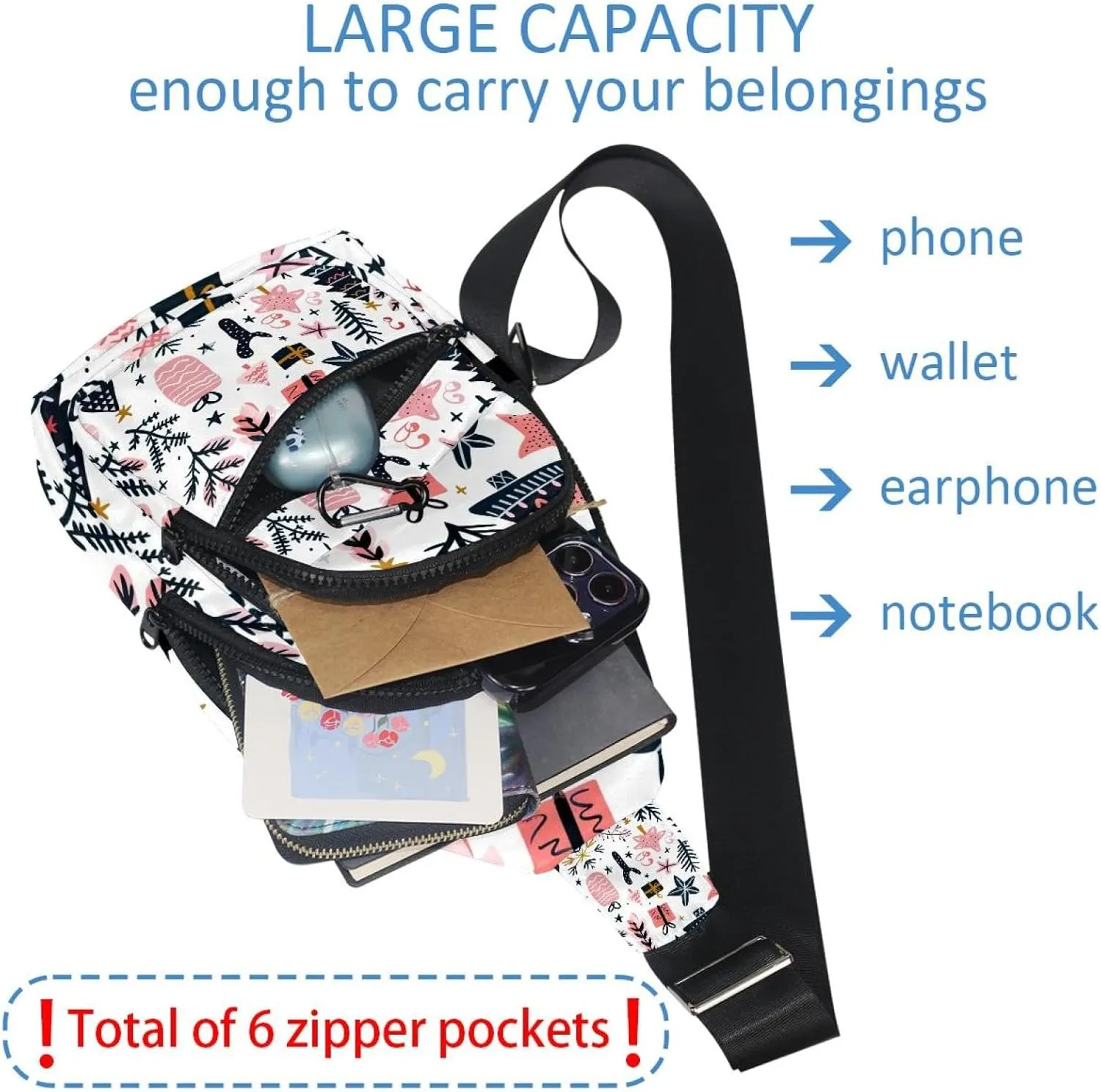 Small Sling Backpack Crossbody Sling Bag, Chest Bag Daypack, Christmas tree gifts garlands stars twigs and leaves 6