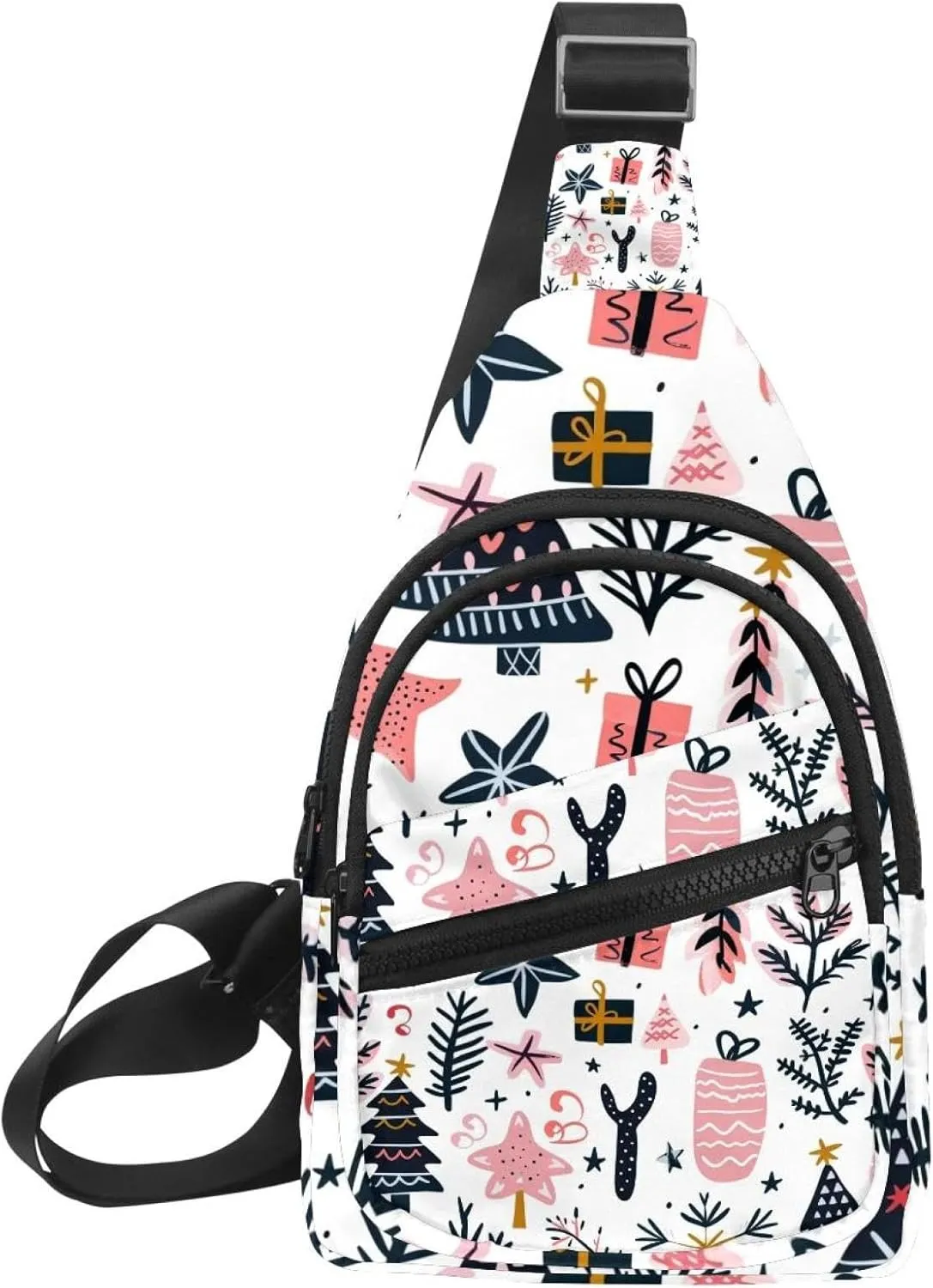Small Sling Backpack Crossbody Sling Bag, Chest Bag Daypack, Christmas tree gifts garlands stars twigs and leaves 6